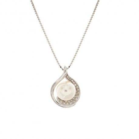 Collier en or blanc 18 Kt 750/1000 avec pendentif perle et zircons blancs pour femme