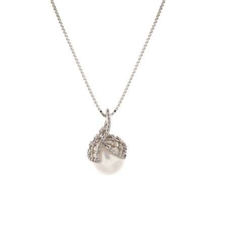 Collier en or blanc 18 Kt 750/1000 avec pendentif perle et zircons blancs pour femme