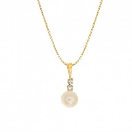 18 Kt 750/1000 gult guld halskæde med vedhæng perle og hvide zirkoner til kvinder