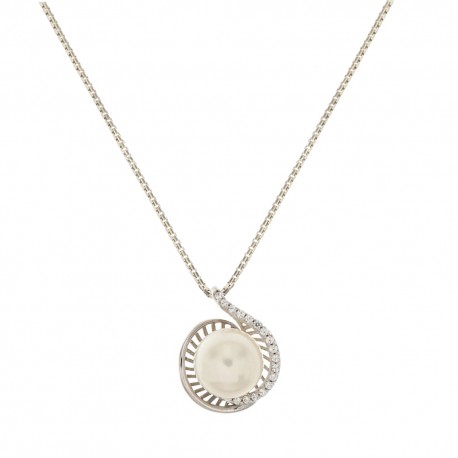 18 kt 750/1000 hvitt gullkjede med naturlig perle og zirkoner for kvinner