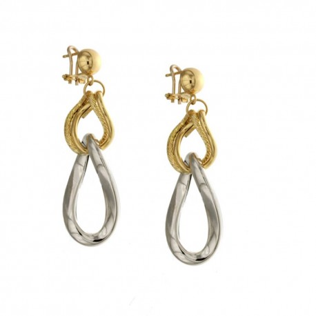 Yellow and white gold 18k 750/1000 shiny and hammered dangling earrings