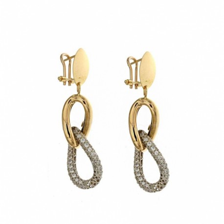 Boucles d'oreilles pendantes en or jaune et blanc 18 carats 750/1000 avec zircons blancs, finition polie
