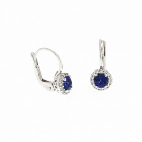 Oorbellen in 18 Kt 750/1000 witgoud met centrale blauwe steen en witte zirkonia's