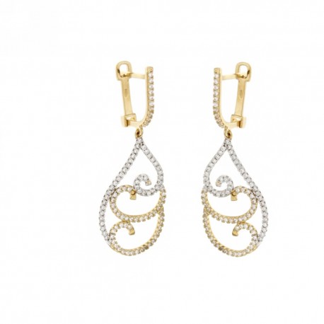 Boucles d'oreilles pendantes en or 18 Kt 750/1000 avec zircons blancs, finition brillante