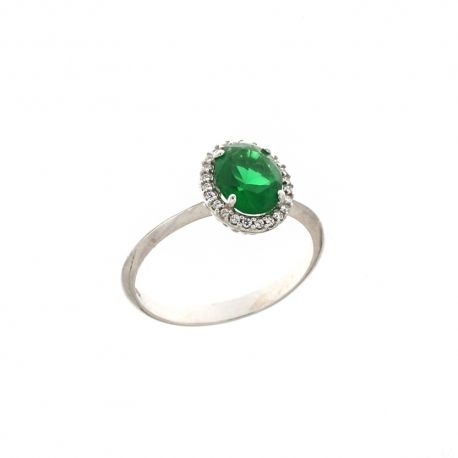 Anello in oro bianco 18 Kt 750/1000 con pietra centrale verde e zirconi bianchi