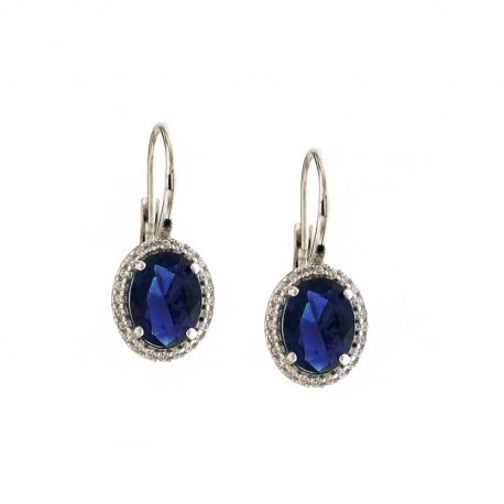 Boucles d'oreilles en or blanc 18 Kt 750/1000 avec zircons blancs et pierre bleue centrale