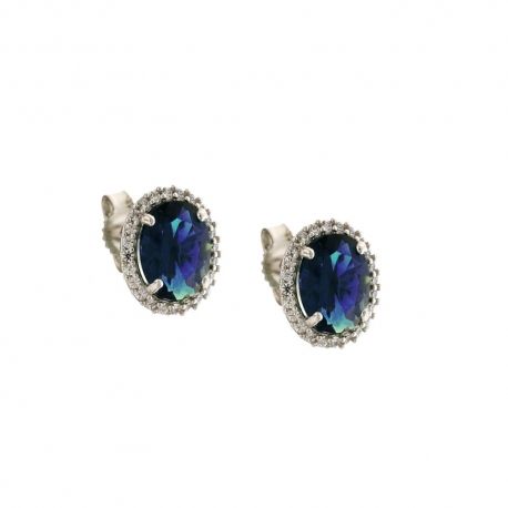 Ohrringe aus 18 Kt 750/1000 Weißgold mit zentralem blauen Stein und weißen Zirkonen