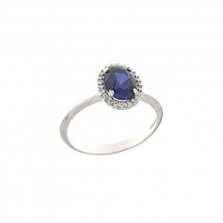 Gyűrű 18 Kt 750/1000 fehéraranyból központi kék kővel és fehér cirkóniákkal