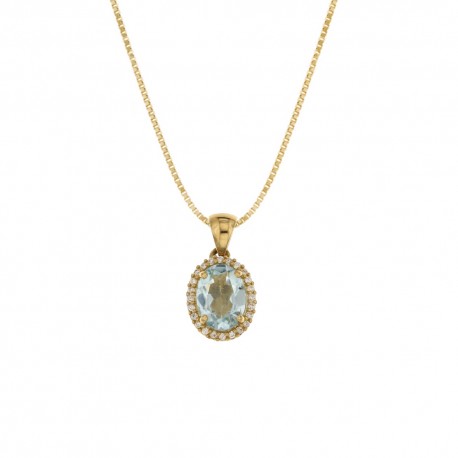 Collana in oro giallo 18 Kt 750/1000 con pendente di zirconi bianchi e pietra azzurra da donna