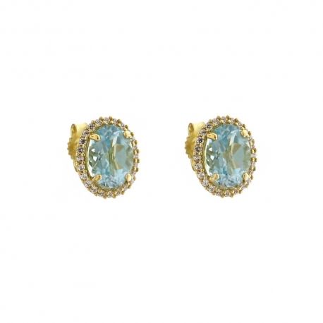 Brincos em ouro amarelo 18 Kt 750/1000 com pedra central azul e zircões brancos