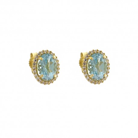 Yellow gold 18k 750/1000 with light blue stone and white cubic zirconia earrings