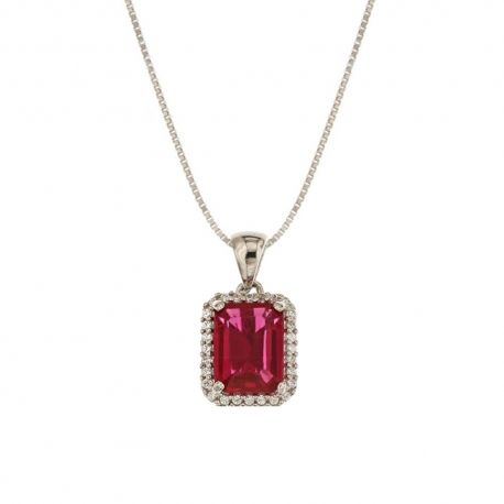 Collier en or blanc 18 Kt 750/1000 avec pendentif zircon blanc et pierre centrale rouge pour femme