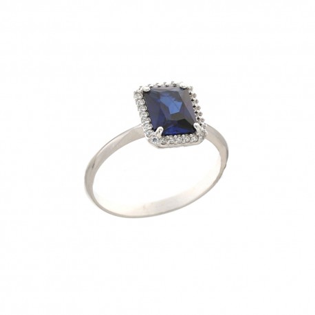 Prsten z 18Kt bílého zlata 750/1000 s centrálním modrým kamenem a bílými zirkony