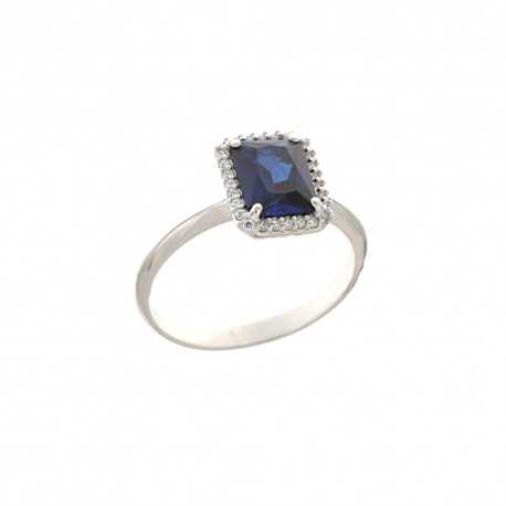 Ring aus 18 Kt 750/1000 Weißgold mit zentralem blauen Stein und weißen Zirkonen