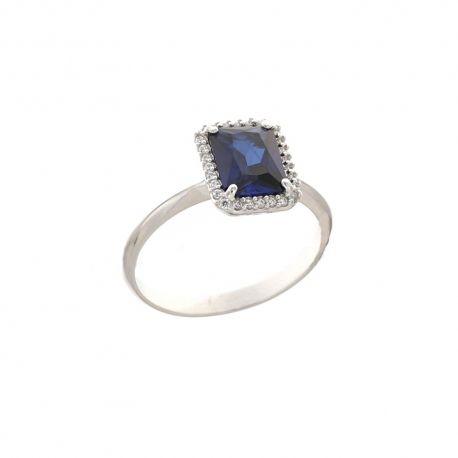 Ring in 18 Kt 750/1000 witgoud met centrale blauwe steen en witte zirkonia's