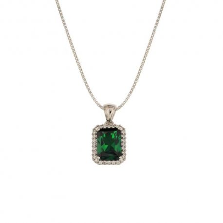 Collar de oro blanco de 18 Kt 750/1000 con colgante de circonita blanca y piedra central verde para mujer