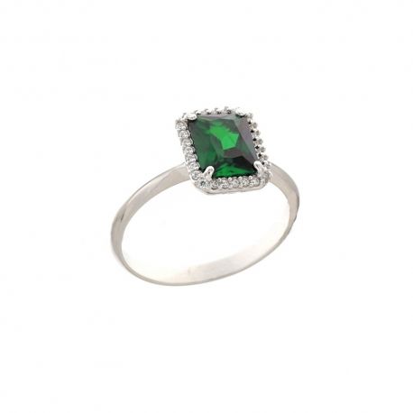 Anel em ouro branco 18 Kt 750/1000 com pedra central verde e zircões brancos