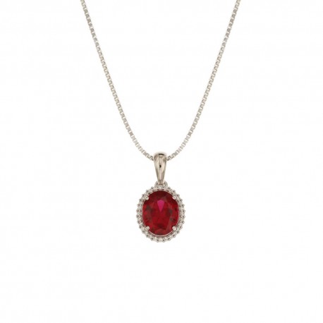 White gold 18k oval shaped pendant with red stone woman necklace