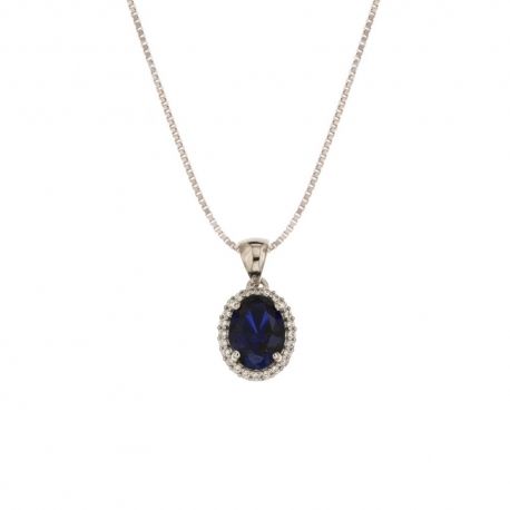 Collier en or blanc 18 Kt 750/1000 avec pendentif zircon blanc et pierre bleue centrale pour femme