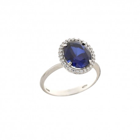 Ring in 18 Kt 750/1000 witgoud met centrale blauwe steen en witte zirkonia's