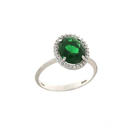 Anel em ouro branco 18 Kt 750/1000 com pedra central verde e zircões brancos