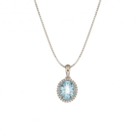 Collana in oro bianco 18 Kt 750/1000 con pendente di zirconi bianchi e pietra azzurra centrale da donna