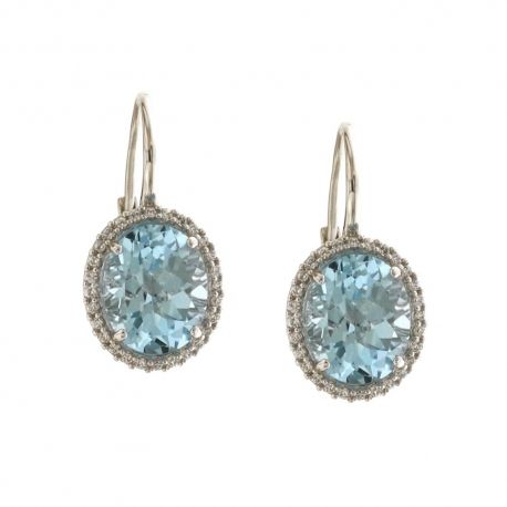 Boucles d'oreilles en or blanc 18 Kt 750/1000 avec zircons blancs et pierre bleue centrale