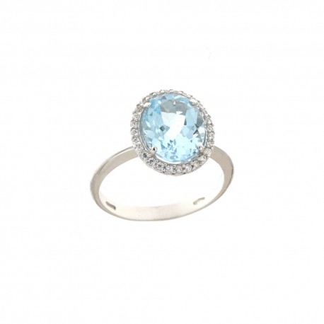 White gold 18k with light blue oval stone and white cubic zirconia ring