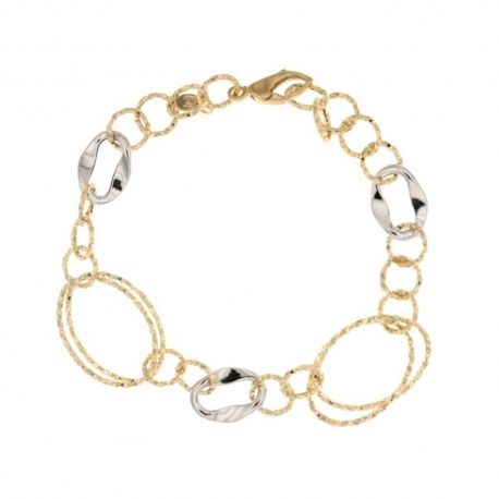 Pulseira feminina em ouro branco e amarelo 18K 750/1000 com ovais e círculos martelados