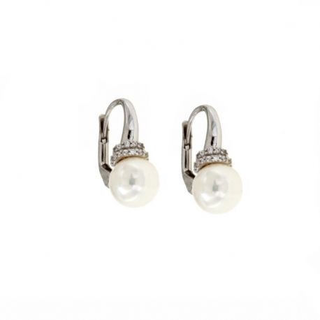 Orecchini in oro bianco 18 Kt 750/1000 con zirconi bianchi e perle
