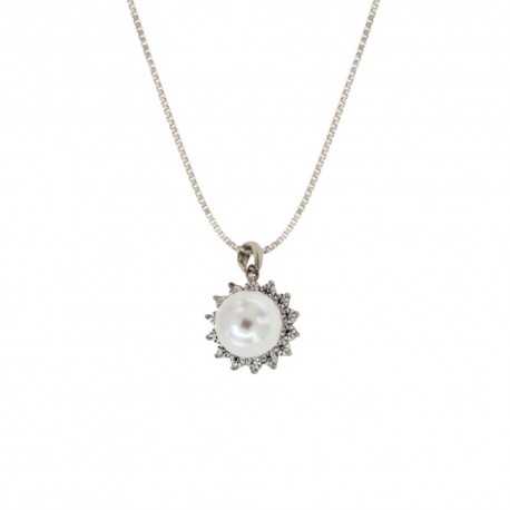 Colier din aur alb 18 Kt 750/1000 cu pandantiv perla si zirconi albi pentru femei