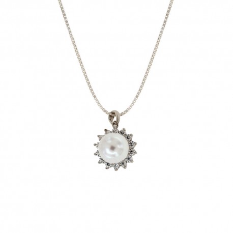 Collana in oro bianco 18 Kt 750/1000 con perla pendente e zirconi bianchi da donna