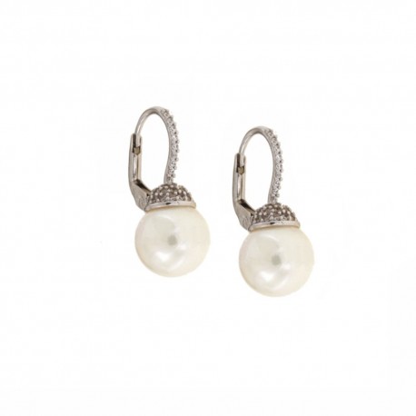 Boucles d'oreilles en or blanc 18 Kt 750/1000 avec zircons blancs et perles