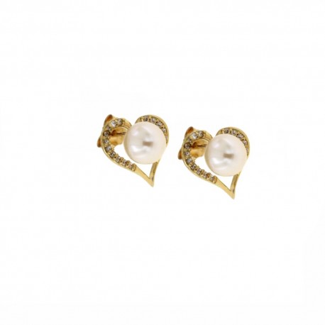 Boucles d'oreilles forme coeur en or jaune 18 Kt 750/1000 avec zircons blancs et perles
