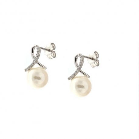 Boucles d'oreilles en or blanc 18 Kt 750/1000 avec zircons blancs et perles