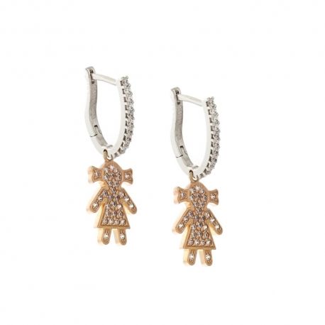 Hangende oorbellen in 18Kt 750/1000 wit- en roségoud met klein meisje en witte zirkonia's