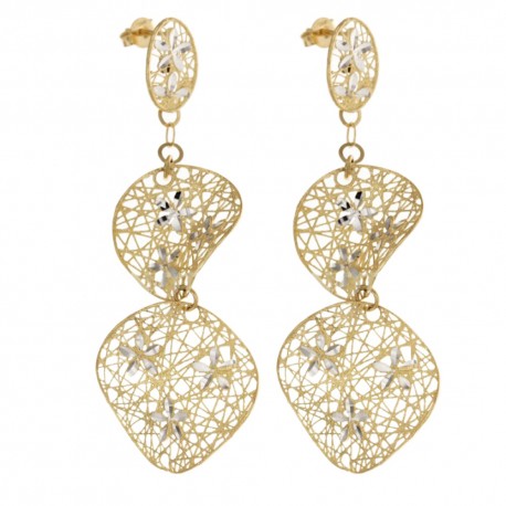 Boucles d'oreilles pendantes en or blanc et jaune 18 Kt 750/1000 avec fleurs et cercles martelés pour femme