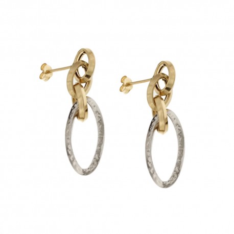 Boucles d'oreilles pendantes en or blanc et jaune 18 Kt 750/1000 avec chaîne creuse martelée pour femme