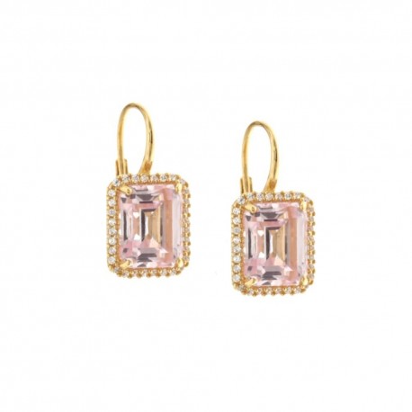 Χρυσά σκουλαρίκια 18 καρατίων 750/1000 με λευκά ζιργκόν και κεντρική ροζ πέτρα