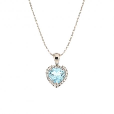 Collana in oro bianco 18 Kt 750/1000 con pendente di zirconi bianchi e pietra azzurra centrale da donna