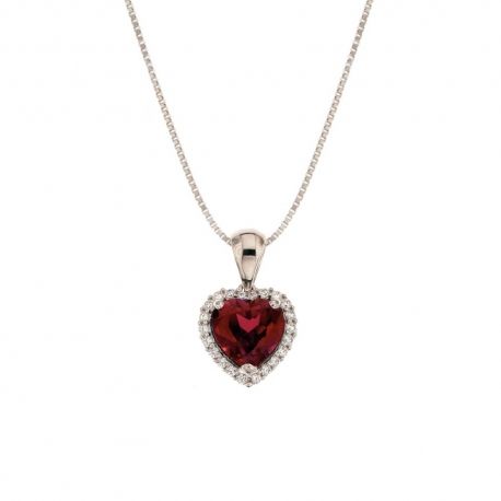 Collier en or blanc 18 Kt 750/1000 avec pendentif zircon blanc et pierre centrale rouge pour femme