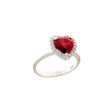 18k White Gold Ring with Red Heart and White Zircons