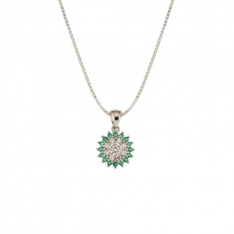 White gold 18k 750/1000 with white and green cubic zirconia round shaped pendant necklace