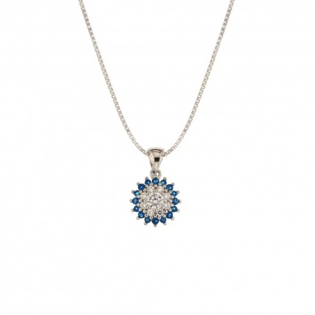 White gold 18k 750/1000 with white and blue cubic zirconia round shaped pendant necklace