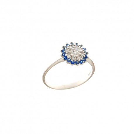 Ring aus 18 Kt 750/1000 Weißgold mit zentralen blauen und weißen Zirkonen