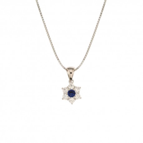 White gold 18k 750/1000 with white and blue cubic zirconia flower shaped pendant necklace