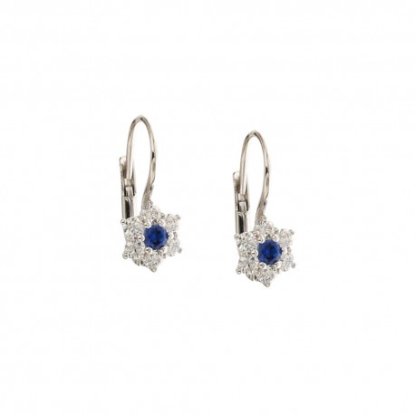 Boucles d'oreilles en or blanc 18 Kt 750/1000 avec fleur de zircon blanc et pierres bleues