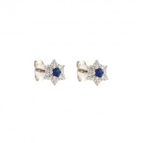 White gold 18k 750/1000 with white cubic zirconia and blue stones flowers earrings