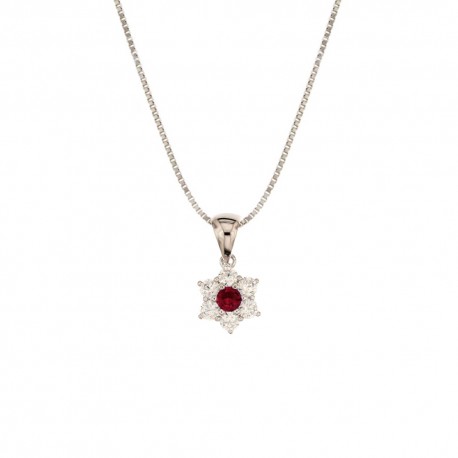White gold 18k 750/1000 with white and red cubic zirconia flower shaped pendant necklace