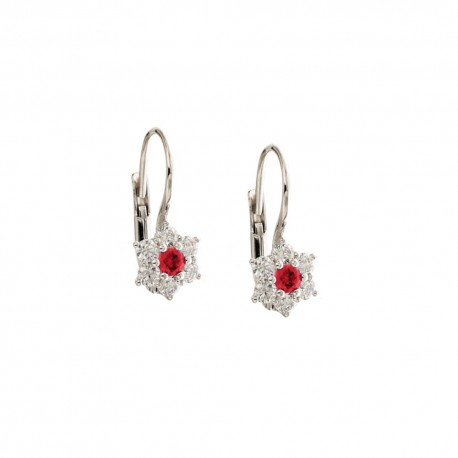 White gold 18k 750/1000 with white cubic zirconia and red stones flowers woman earrings